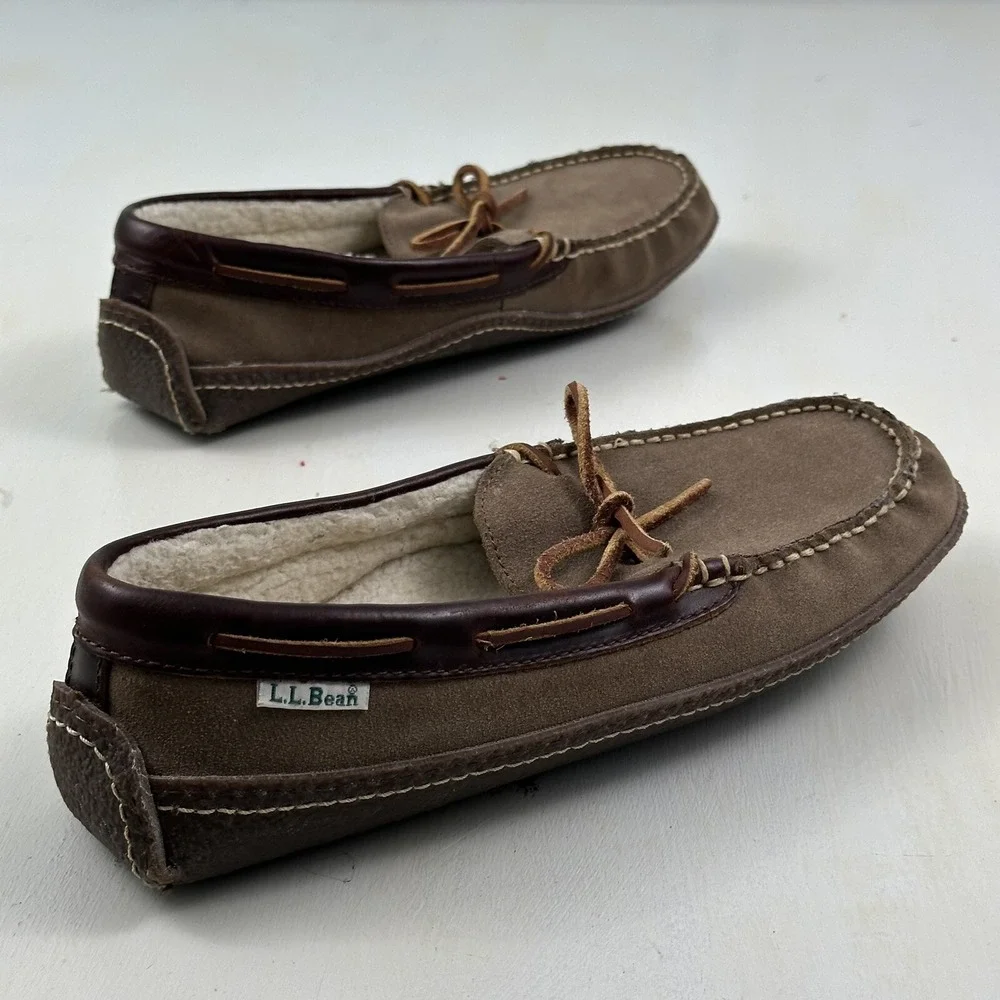 LL Bean‎  HandSewn Shearling Lined Slippers Mens 8Brown Roughout Suede Moccasins